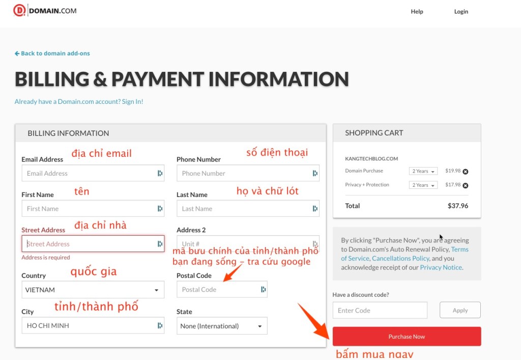 Đăng ký tên miền với Domain.com