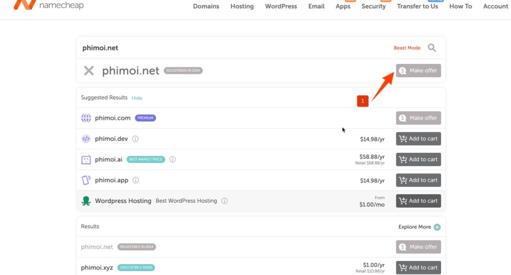 mua tên miền đã bị người khác mua với Namecheap