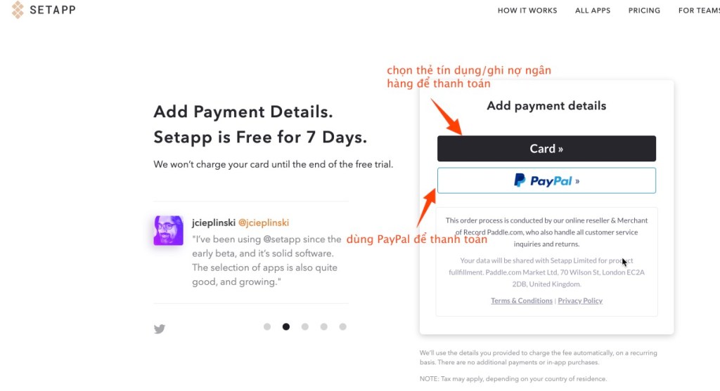 Chọn phương thức thanh toán Setapp - Thẻ tín dụng, ghi nợ, PayPal
